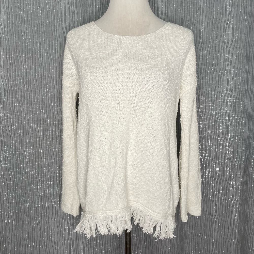 Soft Joie fringe trim linen blend nubby sweater
